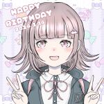  1girl :d black_jacket blush breasts candy candy_cane candy_wrapper collared_shirt danganronpa_(series) danganronpa_2:_goodbye_despair dated double_v dress_shirt food happy_birthday heart highres hood hood_down impossible_ribbon jacket large_breasts nanami_chiaki neck_ribbon pink_eyes pink_ribbon ribbon shirt smile solo spaceship_hair_ornament v yuka_(omasai031) 