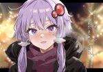  1girl blurry blurry_background blush christmas_lights city_lights hair_between_eyes hair_ornament halterneck highres hood hoodie long_hair looking_at_viewer night open_clothes open_hoodie open_mouth poke_kuu portrait purple_eyes purple_hair short_hair_with_long_locks smile solo translation_request twitter_username voiceroid winter yuzuki_yukari 