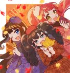  3girls :d ;d autumn_leaves beret black_hair blue_eyes blush border branch brown_dress brown_hair coat collared_dress commentary_request cowboy_shot dress dutch_angle fang food gaaruru_(pripara) hand_up hands_up hat headphones highres holding holding_branch holding_food holding_leaf jinno_(jin_c_kkry) kurosu_aroma leaf long_hair long_sleeves looking_at_viewer multiple_girls one_eye_closed open_mouth orange_background pink_coat plaid plaid_dress ponytail pretty_series pripara purple_dress red_hair roasted_sweet_potato shiratama_mikan sidelocks smile standing sweet_potato twintails very_long_hair white_border yellow_eyes 