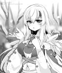  1girl breasts circlet dress fire_emblem fire_emblem:_genealogy_of_the_holy_war greyscale hands_up julia_(fire_emblem) julia_(resplendent)_(fire_emblem) long_hair monochrome official_alternate_costume open_mouth outdoors sash solo upper_body wide_sleeves yukia_(firstaid0) 