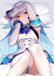  1girl arm_over_head armband arou_(arrow_x666) bed_sheet blue_hair blue_panties blue_skirt blunt_bangs blush breasts buttons clenched_teeth collared_shrug colored_inner_hair commentary double-breasted frilled_sleeves frills grey_hair hand_up head_on_pillow high-waist_skirt highres knees_up lize_helesta lize_helesta_(1st_costume) long_hair long_sleeves looking_at_viewer lying multicolored_hair nijisanji nipples no_shirt on_back panties pillow pleated_skirt purple_eyes shrug_(clothing) skirt sleeves_past_wrists small_breasts solo teeth underwear very_long_hair virtual_youtuber 