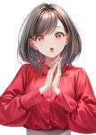  1girl brown_hair collared_shirt commentary_request earrings highres jewelry looking_at_viewer medium_hair open_mouth original own_hands_together palms_together red_background red_eyes red_shirt shirt shirt_tucked_in simple_background solo sousou_(sousouworks) teeth upper_body upper_teeth_only 