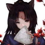 1girl animal_ears arknights black_hair blurry close-up commentary covered_mouth dog_ears dog_girl facial_mark fingernails food food_on_face forehead_mark hair_ribbon hand_up highres holding holding_food komegu_619 leaf long_hair looking_at_viewer motion_blur portrait ribbon rice rice_on_face saga_(arknights) simple_background solo white_background yellow_eyes yellow_ribbon 