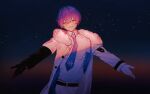  1boy black_gloves blue_necktie blush coat collared_shirt evening facing_viewer fur-trimmed_coat fur_trim gloves gradient_background hair_between_eyes happy highres kaito_(vocaloid) male_focus necktie night night_sky open_clothes open_coat outstretched_arms pants project_diva_(series) shirt short_hair sky smile solo spread_arms standing teeth upper_body vocaloid white_gloves white_pants zhou_huan_(dgpe2833) 