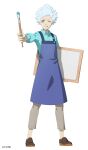  1boy apron black_clover black_clover_m:_rise_of_the_wizard_king blue_apron blue_shirt brown_eyes brown_footwear brown_pants canvas_(object) collared_shirt full_body highres holding holding_paintbrush looking_at_viewer official_alternate_costume official_art one_eye_closed paintbrush painter_(stereotype) pants rill_boismortier shirt shoes short_hair simple_background solo spiked_hair tongue tongue_out white_background white_hair 