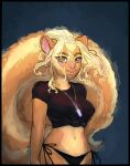  bikini bikini_bottom blonde_hair brown_eyes clothing crop_top epke female fur hair mammal mephitid orange_body orange_fur shirt skunk smile smiling_at_viewer solo swimwear topwear yellow_body yellow_fur 