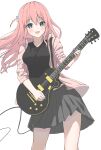 1girl aqua_eyes black_shirt blush bocchi_the_rock! breasts cable commentary_request electric_guitar gibson_les_paul gotou_hitori grey_skirt guitar hair_ornament highres higuma29 holding holding_instrument instrument jacket medium_breasts open_clothes open_jacket open_mouth pink_jacket pleated_skirt shirt simple_background skirt sleeves_rolled_up smile solo track_jacket white_background 