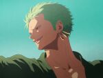  1boy blue_sky collarbone commentary earrings gold_earrings green_hair green_shirt grin jewelry looking_to_the_side male_focus nika_dudi one_piece parted_lips portrait roronoa_zoro shirt short_hair sky smile solo upper_body 