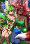  2girls 2others :d absurdres ahoge animal_ear_fluff animal_ears arm_support bare_shoulders belt belt_buckle belt_pouch blue_pants breasts brown_belt buckle cleavage closed_mouth club-shaped_pupils collarbone commentary dark-skinned_female dark_skin day dryad dryad_(terraria) english_commentary eyelashes fairy fangs flower fox_ears fox_girl fox_tail green_hair green_tank_top hair_between_eyes hair_flower hair_ornament hands_on_own_thighs highres king_slime_(terraria) large_breasts leaf_bra leaf_skirt long_hair looking_at_another medium_breasts midriff multiple_girls multiple_others navel on_bench on_person open_mouth outdoors own_hands_together pants plant plantera pointy_ears ponytail pouch purple_eyes rageman709 red_hair sitting skirt slime_(substance) slit_pupils smile tail tank_top terraria vines window zoologist_(terraria) 