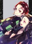  1boy 1girl :d black_hair black_jacket brother_and_sister burn_scar closed_mouth earrings fang hanafuda_earrings haori highres jacket japanese_clothes jewelry kamado_nezuko kamado_tanjirou kimetsu_no_yaiba kimono long_hair long_sleeves nakaya_(drwh7757) open_mouth pink_eyes pink_kimono print_kimono red_eyes red_hair scar scar_on_face scar_on_forehead shiny shiny_hair short_hair siblings smile 