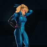  1girl abs blonde_hair blue_bodysuit bodysuit breasts cleavage closed_eyes feather_hair gloves hand_on_own_hip hand_on_own_neck highres max_kay metroid muscular muscular_female samus_aran signature solo 