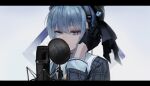 1girl absurdres bangs beret black_gloves blue_hair commentary_request gloves grey_eyes hair_between_eyes hands_on_headphones hat headphones highres hololive hoshimachi_suisei letterboxed long_sleeves mane031210 microphone shirt short_hair simple_background solo studio_microphone upper_body virtual_youtuber white_background 