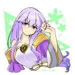  1girl arm_up breasts circlet dress fire_emblem fire_emblem:_genealogy_of_the_holy_war julia_(fire_emblem) long_hair nail_polish purple_eyes purple_hair sash simple_background single_bare_shoulder smile solo upper_body wide_sleeves yukia_(firstaid0) 