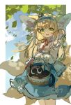  1girl :d absurdres animal_ear_fluff animal_ears arknights basket black_cat blonde_hair blue_dress blue_hairband border cat commentary_request dress english_commentary fox_ears fox_girl fox_tail frilled_dress frilled_hairband frilled_shirt frills green_eyes hairband highres holding holding_basket kitsune looking_at_viewer neck_ribbon outdoors outside_border red_ribbon ribbon shio_(7203802) shirt sketch sleeves_past_wrists smile solo standing suzuran_(arknights) tail upper_body white_border 