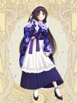  1girl araya_tsukasa black_footwear black_hair blue_nails blush bow commission dairoku_ryouhei hand_on_hip horns japanese_clothes kimono long_hair long_sleeves maid_headdress purple_bow red_horns single_horn socks solo sorakase_sawa very_long_hair white_socks 