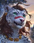 anthro brown_hair ear_piercing fangs felid female gold_accessory green_eyes grin hair hi_res jewelry leopard lostgoose mammal necklace pantherine piercing plant sky smile snow snow_on_fur solo teeth tree