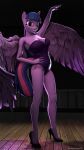 2018 5_fingers anthro anthrofied anthroponiessfm artist_name bare_legs bedroom_eyes blue_hair breasts cleavage clothed clothing cutie_mark dance_shoes dancewear dancing emanata equid equine eyebrows eyelashes feathered_wings feathers female fingers floor footwear friendship_is_magic fur grinning_at_viewer hair hand_on_hip hasbro hi_res high_heels horn impact_lines leotard looking_at_viewer mammal my_little_pony mythological_creature mythological_equine mythology narrowed_eyes pink_hair purple_body purple_clothing purple_eyes purple_footwear purple_fur purple_hair purple_high_heels purple_leotard seductive shoes smile smiling_at_viewer solo stiletto_heels tap_dancing tap_shoes twilight_sparkle_(mlp) unicorn_horn winged_unicorn wings wood wood_floor