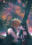  1boy 1girl aerial_fireworks armor bare_shoulders black_gloves black_hair black_skirt blonde_hair blurry blurry_background blush breasts closed_mouth cloud_strife commentary couple crop_top ear_blush earrings facing_another final_fantasy final_fantasy_vii final_fantasy_vii_rebirth final_fantasy_vii_remake fireworks gloves gondola hand_on_another&#039;s_shoulder imminent_kiss jewelry large_breasts lips long_hair midriff miyukiko night night_sky ribbed_sweater short_hair shoulder_armor signature single_arm_guard single_bare_shoulder single_earring sitting skirt sky sleeveless sleeveless_turtleneck spiked_hair suspender_skirt suspenders sweater tank_top tifa_lockhart turtleneck turtleneck_sweater upper_body white_tank_top 
