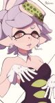  1girl artist_name bare_arms bare_shoulders bow-shaped_hair breasts detached_collar earrings food food_on_head gloves grey_hair half_updo highres hoop_earrings inkling jewelry marie_(splatoon) mole mole_under_eye object_on_head pointy_ears ric_e solo splatoon_(series) swept_bangs tentacle_hair upper_body white_gloves 