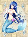  1girl :d armlet blue_eyes blue_hair dairoku_ryouhei flower full_body head_fins long_hair looking_at_viewer mermaid monster_girl navel o-ring purple_ribbon ribbon simple_background smile solo tsubaki_chisa water_drop wrist_ribbon yellow_background 