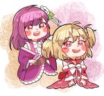  2girls :d absurdres ahoge ayano_rika bangs blonde_hair blunt_bangs blush_stickers bow bowtie brown_corset bunching_hair buttons center_frills chibi choker collared_shirt commission corset cropped_torso cross-laced_clothes detached_sleeves dress flower frilled_kimono frilled_shirt frills furisode hair_between_eyes hair_flower hair_iron hair_ornament highres japanese_clothes kimono kimono_skirt leaf leaf_on_head long_sleeves magia_record:_mahou_shoujo_madoka_magica_gaiden magical_girl mahou_shoujo_madoka_magica medium_hair mogu_m.g multiple_girls off_shoulder open_mouth pink_eyes pink_shirt purple_eyes purple_hair purple_kimono red_bow red_choker red_dress red_sailor_collar red_sleeves sailor_collar sailor_dress scrunchie second-party_source shirt short_kimono single_sidelock sleeveless sleeveless_shirt smile sparkle straight_hair tokiwa_nanaka two_side_up white_bow white_bowtie white_flower white_scrunchie 