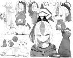  1girl animal blue_archive cat character_name closed_mouth demon_wings greyscale hair_between_eyes halo hood hood_down hooded_jacket jacket kayoko_(blue_archive) kotatu_(akaki01aoki00) long_hair long_sleeves monochrome multicolored_hair multiple_views pleated_skirt ponytail shoes simple_background single_wing skirt white_background wings 