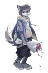 2021 3_toes anthro biped blue_clothing blue_eyes blue_hoodie blue_topwear bouquet canid canine canis clothing countershade_fur countershading feet flower flower_bouquet fur grey_body grey_fur heterochromia hi_res hoodie itooku looking_at_viewer male mammal plant red_eyes slim_anthro slim_male solo toes topwear white_body white_countershading white_fur wolf