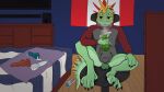 anthro balls blush bodily_fluids claws clothed clothing cum digital_media_(artwork) drugs genital_fluids genitals green_body hi_res humanoid iguanid lizard looking_at_viewer male marijuana reptile sallos_(artists) sallos_(character) scalie smoke smoking solo tail text
