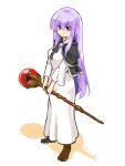  1girl black_cloak circlet cloak commentary_request dress fire_emblem fire_emblem:_genealogy_of_the_holy_war full_body holding holding_staff julia_(fire_emblem) long_hair looking_at_viewer purple_eyes purple_hair simple_background solo staff standing white_dress yukia_(firstaid0) 