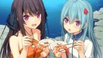  2girls :d ao_no_kanata_no_four_rhythm bangs black_bow blue_hair blush bow brown_hair chopsticks collarbone collared_shirt day game_cg hair_between_eyes hair_bow hair_ornament halterneck holding holding_chopsticks holding_plate long_hair looking_at_viewer multiple_girls open_mouth orange_shirt outdoors plate purple_eyes shiny shiny_hair shirase_minamo shirt sleeveless sleeveless_shirt smile straight_hair suzumori tobisawa_misaki upper_body very_long_hair white_shirt wing_collar 