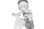  1girl beret blush closed_mouth collared_shirt dress_shirt feet_out_of_frame greyscale hair_ribbon half-closed_eyes hands_up hat hatoba_tsugu long_sleeves looking_at_viewer mole mole_under_eye monochrome neck_ribbon ouka_(yama) ribbon shirt shirt_tucked_in short_hair simple_background single_hair_ring sitting sketch skirt smile solo suspender_skirt suspenders suspenders_slip tsugu_(vtuber) 