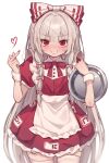 1girl absurdres adapted_costume angry apron dress fujiwara_no_mokou highres holding holding_tray looking_at_viewer maid maid_apron middle_finger qiu_ju red_dress red_eyes solo thighhighs touhou tray white_apron white_background white_hair white_thighhighs 
