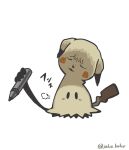  =3 black_eyes commentary_request holding holding_stylus jako_(boke_poke) looking_at_viewer mimikyu no_humans pokemon pokemon_(creature) simple_background solid_oval_eyes solo stylus twitter_username watermark white_background 