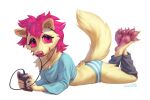 anthro blue_clothing blue_shirt blue_topwear cellphone clothing electronics female fur hair headphones lostgoose lying paws phone pink_hair red_eyes shirt simple_background smartphone solo topwear underwear yellow_body yellow_fur
