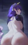  1girl absurdres ass bent_over blush braid breasts from_behind genshin_impact hair_ornament highres large_breasts long_hair looking_at_viewer looking_back mole mole_under_eye purple_eyes purple_hair r1zen raiden_shogun solo spanked sweat unworn_clothes 