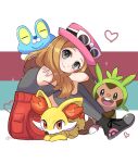  1girl :d black_footwear blue_background brown_hair chespin closed_mouth commentary_request cross-laced_footwear dark_skin eyelashes eyewear_on_headwear fennekin fox froakie frog full_body grey_eyes hat heart highres long_hair looking_at_viewer multicolored_background open_mouth orange_eyes pink_headwear poke_ball_print pokemon pokemon_(creature) pokemon_xy print_footwear red_background saki_pokeoekaki serena_(pokemon) shoes sitting smile starter_pokemon_trio sunglasses teeth upper_teeth_only white-framed_eyewear white_background yellow_fur 