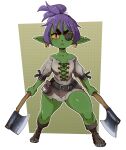  absurd_res breasts dual_wielding eye_patch eyewear female goblin green_body green_skin hair hi_res holding_axe holding_object holding_weapon humanoid not_furry nuclearwasabi purple_hair small_breasts solo weapon 
