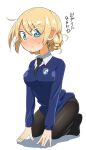  1girl black_necktie black_pantyhose blonde_hair blue_eyes blue_sweater blush braid closed_mouth commentary darjeeling_(girls_und_panzer) dress_shirt emblem frown full_body girls_und_panzer highres jinguu_(4839ms) leaning_forward long_sleeves looking_at_viewer necktie no_pants panties panties_under_pantyhose pantyhose school_uniform shadow shirt short_hair simple_background solo st._gloriana&#039;s_(emblem) st._gloriana&#039;s_school_uniform sweatdrop sweater translated twin_braids underwear v-neck white_background white_shirt wing_collar 