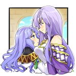  2girls blue_eyes breasts cape circlet dress fire_emblem fire_emblem:_genealogy_of_the_holy_war fire_emblem:_thracia_776 hug julia_(fire_emblem) large_breasts long_hair looking_at_another looking_down looking_up multiple_girls open_mouth purple_cape purple_eyes sara_(fire_emblem) smile upper_body yukia_(firstaid0) 