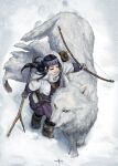  1girl ainu ainu_clothes animal asirpa black_hair boots bow_(weapon) cloak commentary_request from_above full_body fur_cloak golden_kamuy hairband hand_on_animal headband holding holding_bow_(weapon) holding_stick holding_weapon long_hair mitsuya purple_hairband sidelocks signature smile snow stick weapon wolf 