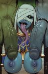  ana_(overwatch) balls big_breasts big_penis blue_body blue_skin bodily_fluids breasts devil_hs egyptian female genital_fluids genitals green_body green_eyes green_hair green_skin group hair hi_res humanoid long_tongue looking_at_viewer male monster mummy nipple_piercing nipples one_eye_closed penis piercing precum pubes saliva tongue tongue_out trio undead vein veiny_penis 