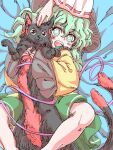  2girls between_legs black_headwear blush bow bright_pupils cat cat_between_legs cheken frilled_sleeves frills green_eyes green_skirt hakurei_reimu hat heart heart_of_string hug kaenbyou_rin kaenbyou_rin_(cat) komeiji_koishi light_green_hair long_sleeves lying medium_hair multiple_girls multiple_tails on_back open_mouth red_bow red_eyes ribbon-trimmed_sleeves ribbon_trim shirt skirt tail touhou two_tails wavy_hair white_pupils white_sleeves wide_sleeves yellow_shirt 