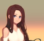  1girl absurdres bangs blue_eyes brown_hair closed_mouth crop_top highres isumi_(yangyan) long_hair looking_at_viewer off-shoulder_shirt off_shoulder original shirt smile solo straight_hair upper_body white_shirt 
