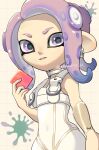  1girl absurdres agent_8_(splatoon) artist_name bodysuit color_chip_(splatoon) commentary earrings grid_background highres hoop_earrings jewelry looking_at_viewer mano_(mix103) medium_hair octoling octoling_girl octoling_player_character parted_lips purple_eyes purple_hair simple_background sleeveless sleeveless_bodysuit solo splatoon_(series) splatoon_3 splatoon_3:_side_order standing tentacle_hair thick_eyebrows twitter_username white_background white_bodysuit 