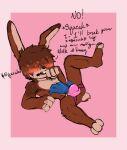 anthro belly_rub blush brass_instrument bugle clothing dexter_(littlerager) hi_res humazawhat humiliation jockstrap lagomorph leporid lying male mammal moan musical_instrument on_back rabbit solo squeaking submissive underwear wind_instrument