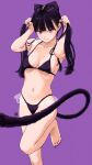  1girl absurdres animal_ears bikini black_bikini black_hair breasts cat_ears cat_tail commentary_request highres holding holding_hair key_(kagibangou) long_hair looking_at_viewer medium_breasts navel original purple_background purple_eyes simple_background smile solo standing standing_on_one_leg swimsuit tail twintails 