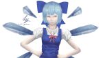  1girl absurdres blue_bow blue_dress blue_eyes blue_hair bow cirno dress gradient_eyes hair_bow highres ice ice_wings luciyum multicolored_eyes non-web_source profile realistic red_bow shirt short_hair solo solo_focus touhou white_background white_shirt wings 