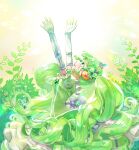  1girl arms_up cowboy_shot dress elbow_gloves falulu falulu_(awakened) forehead_jewel frilled_dress frills from_side gloves green_dress green_hair green_theme headphones highres idol_clothes jinno_(jin_c_kkry) leaf long_hair looking_up open_mouth outstretched_arms pretty_series pripara profile puffy_short_sleeves puffy_sleeves reaching short_sleeves sidelocks smile solo twintails very_long_hair white_gloves winding_key 