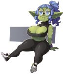  absurd_res areola big_breasts blue_hair bottomwear breasts clothing eyewear female footwear glasses goblin green_body green_skin hair hi_res humanoid navel not_furry nuclearwasabi pants shoes solo 