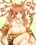  1girl absurdres ahoge animal_ear_fluff animal_ears animal_print breasts claw_pose cleavage closed_mouth eiyuu_densetsu english_commentary estelle_bright fake_animal_ears fake_tail fangs fur-trimmed_shirt fur_trim green_background highres large_breasts long_hair looking_at_viewer orange_hair red_eyes shirt simple_background sitting smile solo sora_no_kiseki strapless strapless_shirt tail tiger_ears tiger_print twintails yuzukiyo 